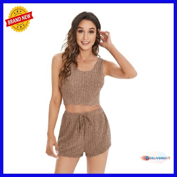 Ribbed Knit Button Front Tank & Shorts Pajama Set - Soft Lounge Wear - Picture 6 of 7